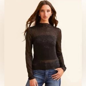 Willow & Root Elegant Black Mesh Long Sleeve Top with Design Pattern